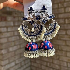 Indian Elegant Blue and Silver kundan meenakari jhumka/jhumki Earrings